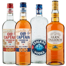 Old Captain Caribbean rum
wit, bruin of spiced fles à 700 ml,
Glen Talloch Schotse whisky
of Esbjaerg vodka fles à 1000 ml